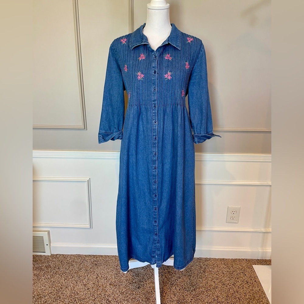 Blair Vintage 90s Medium Denim Jean Dress Maxi Long Floral Embroidered